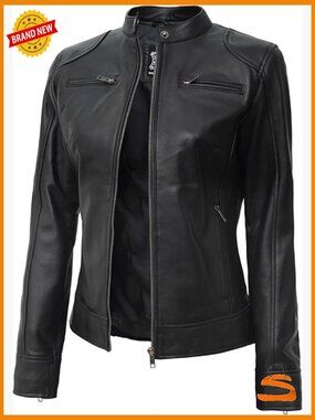 Real Lambskin Leather Jacket - Cafe Racer Snap-Tab Collar